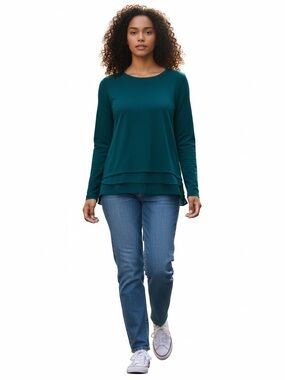 LOFT Teal Layered-Hem Long Sleeve Top